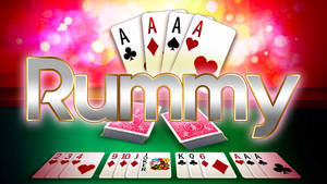 Rummy紙牌遊戲，四張Ace和手牌在綠色絨布上，背景發光。