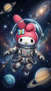 粉紅色兔仔太空人在太空中漂浮於行星和星星之間。