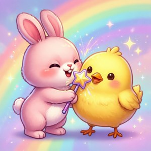 一隻粉紅色兔子用星星魔杖在彩虹下迷住了一隻黃色小雞。