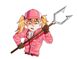 粉紅色衣服的女孩手持三叉戟，表情兇猛
