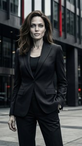 一位穿著黑色商務西裝的女性站在城市人行道上。