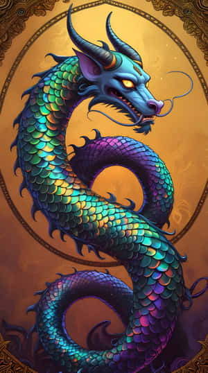 一隻盤繞的藍紫色龍，眼睛發光，被華麗的金色圖案框住。