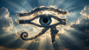 由雲朵形成的神聖眼睛符號，陽光穿透雲層。