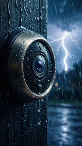 智能門鈴攝像頭在雷暴期間覆蓋著雨滴，伴有閃電。