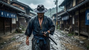 一位身穿濕衣的武士，在雨中的日本街道上持劍行走。