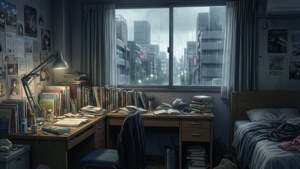 夜晚舒適雜亂的學生臥室，窗上有雨，書桌燈亮著。