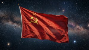 蘇聯旗幟在太空中飄揚，可見星星和銀河系。
