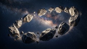 一個在深空軌道上的小行星環，背後有色彩繽紛的星雲。