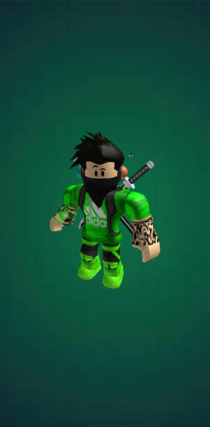 Roblox忍者頭像，身穿綠色Adidas服裝，手持劍。