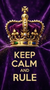 紫色天鵝絨上的金色王冠與珠寶，附有文字 keep calm and rule