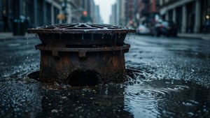雨中城市街道上生鏽排水口的特寫，水滴落下並泛起漣漪。
