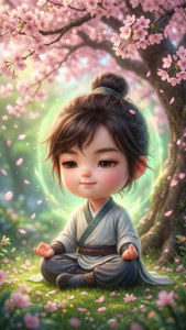 一個年輕的動畫小孩在櫻花樹下平靜地冥想。