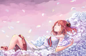紅髮動漫女孩躺在粉紅色天空中的白玫瑰花床上。 — Surface Pro 壁紙