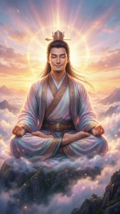 一位寧靜的聖人在山頂上冥想，帶有發光的光環。