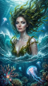 一位海藻頭髮的美人魚從海洋波浪中升起，下方是帶有發光水母的珊瑚礁。