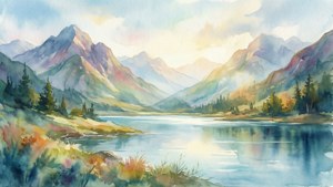 寧靜的山間湖泊，秋樹和霧氣繚繞的山峰倒映在平靜的水面上。