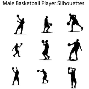 九個男性籃球運動員在白色背景上擺出動作姿勢的黑色剪影
