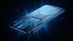 漂浮的智能手機揭示發光的內部電路和芯片。