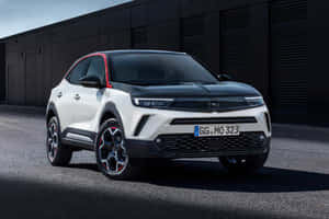 白色歐寶SUV，帶紅色飾邊，停在黑暗建築前。 — MacBook 壁紙