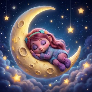 一個小女孩在繁星點點的夜空下，在新月上熟睡。