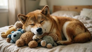 一隻柴犬在床上與毛絨玩具依偎著睡覺。