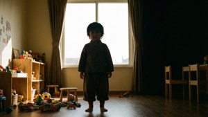 一個小孩獨自站在陽光普照的遊戲室中，周圍都是玩具。