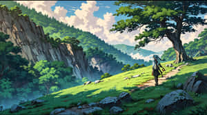 一個長著藍色長髮的人，在一個多山的風景中，在一棵大樹下的草地上行走。