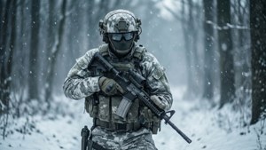 一名身穿冬季裝備的士兵在雪地森林中持步槍。