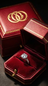 一個紅色天鵝絨盒子中的鑽石訂婚戒指，帶有金色互鎖戒指標誌。