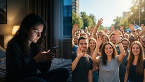 女子夜間獨自發短信，旁邊一群人在白天快樂地揮手。
