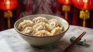 熱騰騰的湯餃子碗，配筷子，背景有紅燈籠。