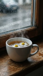 熱洋甘菊花茶配雛菊，裝在白色馬克杯中，放在雨天的窗台上。