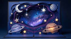 太空的3D紙藝，包含行星、星星和月亮