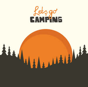 露營邀請，橙色日落與松樹剪影。