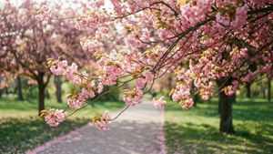 盛開的櫻花樹排列在春日公園的陽光小徑兩旁。