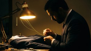一位裁縫在昏暗的工作室中，在溫暖的檯燈下縫製西裝。