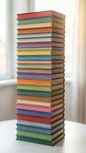 靠近窗戶的白色桌子上色彩繽紛的高大書堆