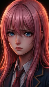 粉紅頭髮藍眼睛的動漫女孩在溫暖光線下穿著校服哭泣。