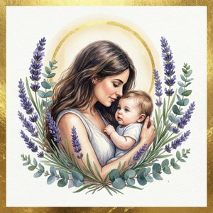 母親抱著嬰兒，以薰衣草和桉樹為框，帶有金色光環。