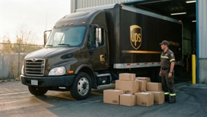 UPS司機站在送貨車旁，車外有包裹，位於倉庫外。