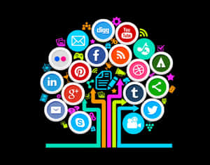一棵風格化的樹，社交媒體圖標作為葉子，色彩繽紛的管道作為樹根。