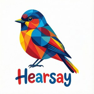 一隻由幾何形狀組成的風格化彩色鳥，下方有「Hearsay」字樣。