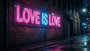 在夜晚的雨中城市小巷裡，一個寫著 love is love 的霓虹燈牌在濕漉漉的磚牆上發光。