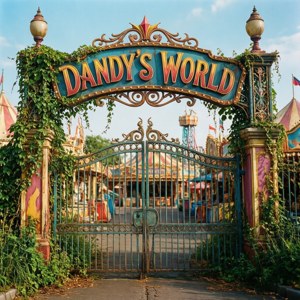 一個爬滿常春藤的大門，上面有寫著 Dandy's World 的標誌，通往一個色彩繽紛的遊樂園。
