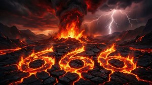 在伴有閃電的火山爆發期間，熔岩在龜裂的地面上形成數字666。