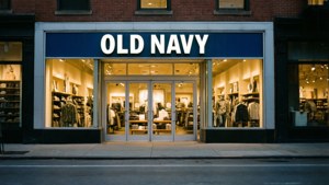 黃昏時分，Old Navy 服裝店正面，窗戶和玻璃門亮著燈。