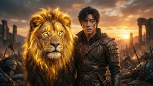 一名戰士和一頭獅子在夕陽下的廢墟戰場上站在一起。
