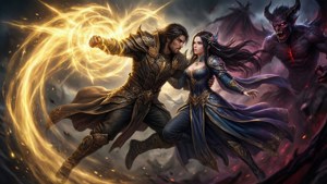 戰士和法師施放魔法以逃離惡魔怪物。