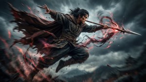 戰士手持發光長矛跳躍，背景為暴風雨天空