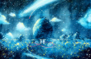 發光的樹木在繁星點點的夜空下，有流星和漂浮的泡泡。